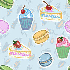 Interesting pattern with sweets, macaroons, and cupcakes. Hand draw, vector pattern with texture and interesting colors. 