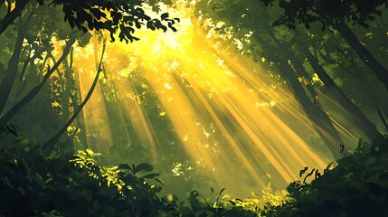 A forest bathed in golden sunlight, with light beams streaming through the canopy, illuminating vibrant green foliage and creating a play of light and shadow on the ground 