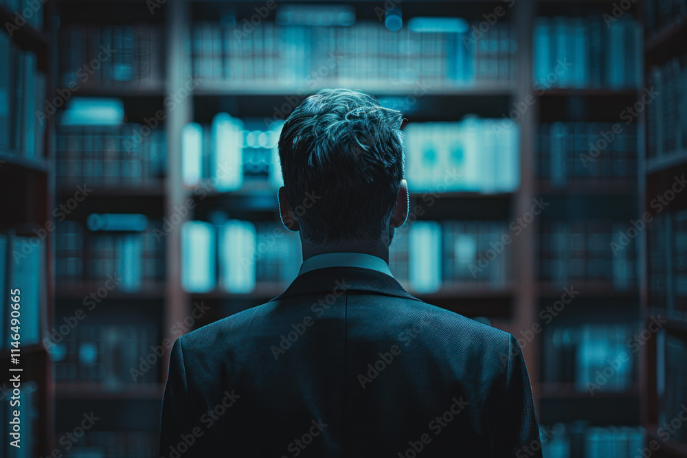 Poster man in a suit stands in front of a library filled with books illuminated by a cool blue light during