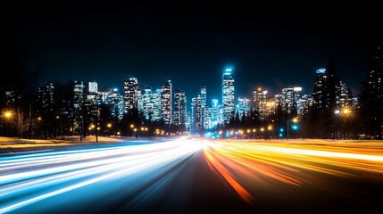Obraz premium Cityscape Night Lights and Fast Moving Traffic on Highway