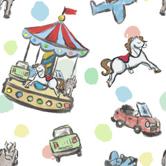 Seamless pattern with carousel, horses, cars and plane. Vector, isolated. Hand draw with texture, watercolor. 