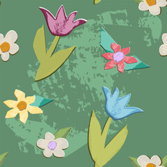 Flower pattern with texture. Cut outs from the paper like. Vector with texture and shadows.