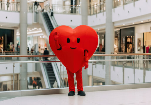 Heart-shaped mascot welcomes visitors inside a bustling shopping mall during a community health event in the afternoon