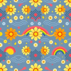 Obraz premium Groovy Retro Floral Pattern: 70s Style Rainbow and Daisy Seamless Texture 