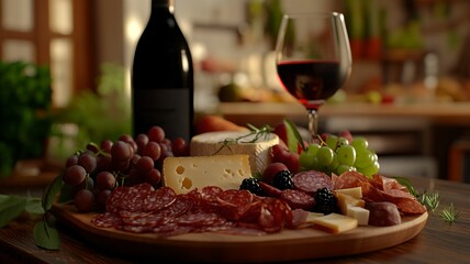 Cheese board and Red Wine Glass for Dinner and Valentine's Day Celebration