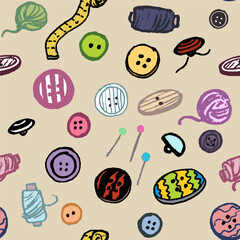 Pattern with buttons and treads and sew elements. Hand draw, vector, isolated.with texture and nice, interesting colors.