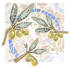 Green olives mosaic, free hand draw. Vector, isolated, wonderful pastel colors.