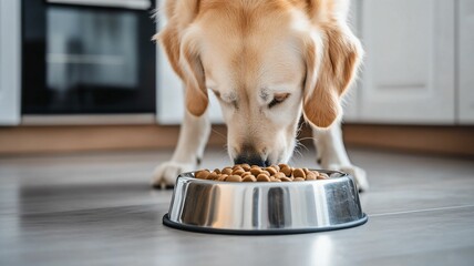 Fototapeta na wymiar Golden Retriever Eating Dog Food in a Silver Dog Metal Bowl in the Kitchen Room Background