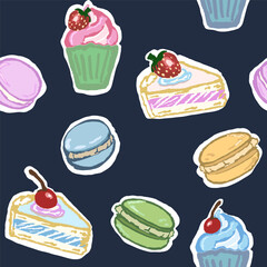 Sweet pattern with sweets on a black background, macaroons, and cupcakes. Hand draw, vector pattern with texture and interesting colors. 