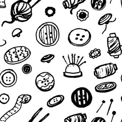 Pattern with buttons and treads and sew elements. Hand draw, vector, isolated, texture and, ink.