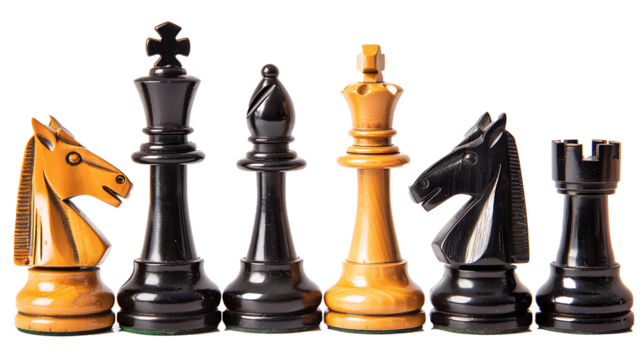 Set of unique chess pieces arranged in rows, isolated on white, cut out