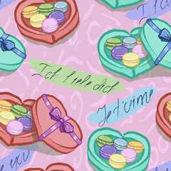 Pattern with macaroons boxes in hart shape. Hand drawn with texture and hand written “I love you” in German and French languages. Vector, isolated.