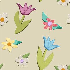 Flower pattern Cut outs from the paper like. Vector, isolated with texture and shadow.