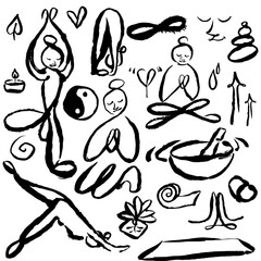 Yoga. Vector isolated with texture.hand draw doodle. Ink, brush strokes.