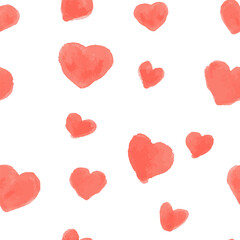 Seamless pattern with red harts, watercolor. Hand draw, vector, isolated.