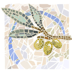 A brunch with green olives and leaves. Vector, isolated, free hand draw. Mosaic style, fresh and interesting