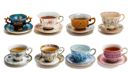 Set of antique teacups with saucers in ornate designs, isolated on white, cut out