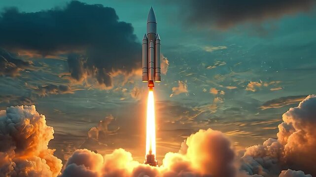 Rocket Launch: A majestic rocket blasts off into the sky, leaving a trail of fire and smoke in its wake, symbolizing the power of innovation and the pursuit of the unknown.  