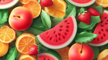Naklejka premium Summer Fruits Delight: A Vibrant Composition of Watermelon, Strawberries, Oranges, and Apples