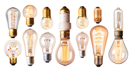 Variety of lightbulbs, including LED, incandescent, and filament styles, isolated on white, cut out 