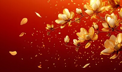 Gold floral branch with falling gold flakes on a deep red background.