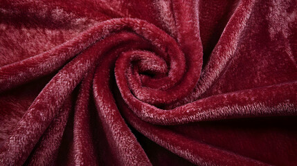 A close-up of a soft, plush, burgundy blanket arranged in a spiral pattern.