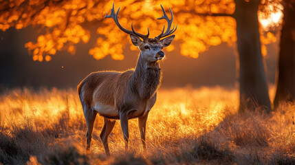 Majestic Deer in Golden Forest Glow During Tranquil Autumn Sunset