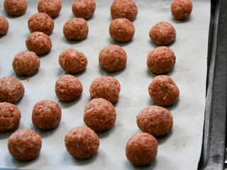 Freshly rolled meatballs, ready to be cooked on the stove. Raw meatballs. Cooking process. Swedish meatballs in the kitchen. Swedish cuisine.