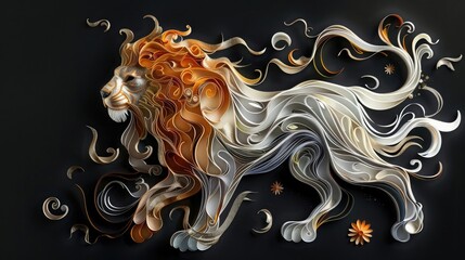 Quilling mystical French Lion with white and gold flow. Isolated on a black background. Premium...