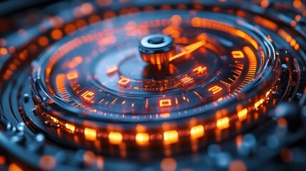 A futuristic circular interface with glowing orange elements and a central dial.