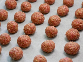 Freshly rolled meatballs, ready to be cooked on the stove. Raw meatballs. Cooking process. Swedish meatballs in the kitchen. Swedish cuisine.