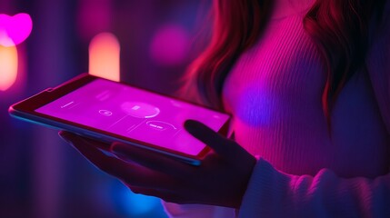 User engaging with tablet in neon-lit environment digital art