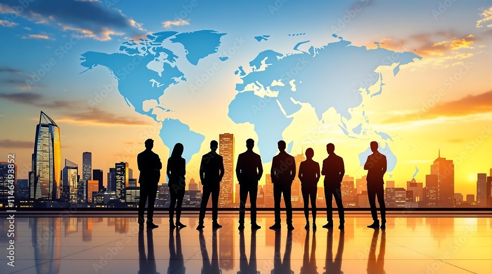 Aufkleber global communication network with interconnected business nodes and worldwide human resources collab