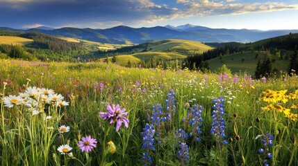 Obraz premium Scenic Meadow Landscape with Colorful Wildflowers and Mountains