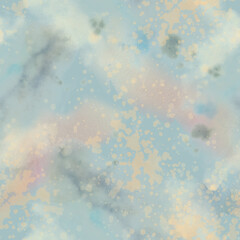 Paint washes, splashes, a spot in peach fuzz, gray, turquoise, airy, translucent, with soft, blurry edges. Hand drawn watercolor illustration. Seamless pattern background
