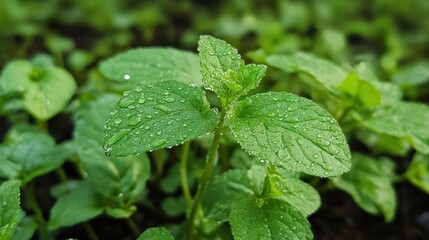 Dewdrops adorn vibrant green mint leaves in a lush garden
