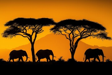 Obraz premium In the serene silhouette of the savanna at sunset, elephants roam beneath acacia trees, a poignant reminder of wildlife conservation efforts, especially on Earth Day.