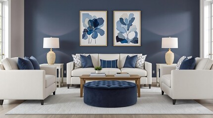 Modern Elegant Living Room with White Sofas Blue Accent Walls and Vibrant Green Plants for a Cozy Atmosphere