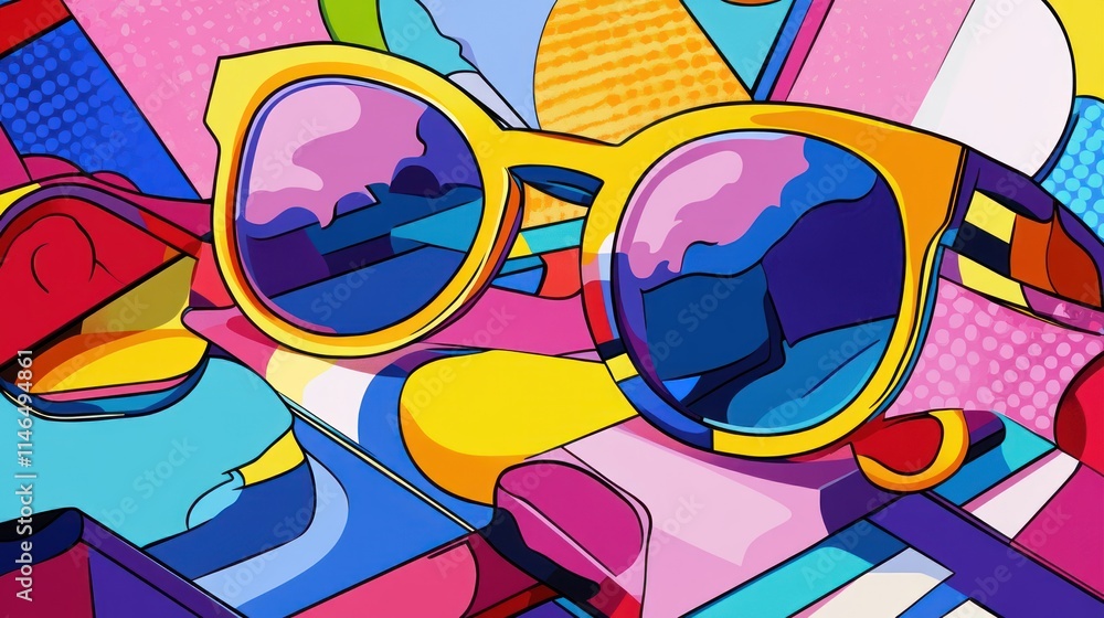 Poster colorful sunglasses surrounded by vibrant abstract shapes and patterns.