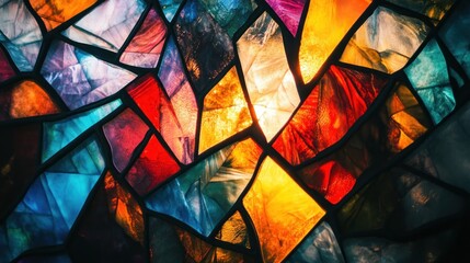 Colorful stained glass pattern with vibrant hues and intricate shapes.