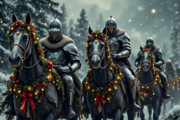 Fototapeta premium Medieval Parade with Christmas Decorations: Forward, Knights! Christmas Knights: Strength and Nobility in a Festive Procession Knight Parade in Shining Armor with Christmas Garlands: A Historic Cele