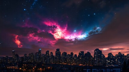 Fototapeta premium Stunning Cityscape Night Sky with Cosmic Colors Vibrant Stars Clouds