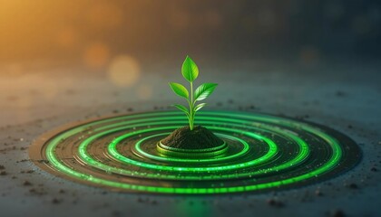 Green Plant Sprouting on Futuristic Circular Platform Growth Concept