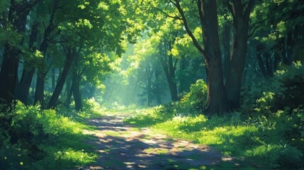 Obraz premium Sunlit Path Through Lush Green Summer Forest