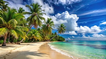 Obraz premium Tropical Sandy Beach with Palm Trees, White Clouds, and Blue Sky, Travel Paradise Background