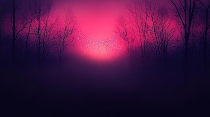 Naklejka premium Crimson Sunset Silhouette Spooky Forest Fog and Web