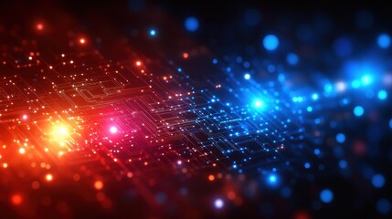 Obraz premium Abstract digital circuit board with red and blue glowing nodes.