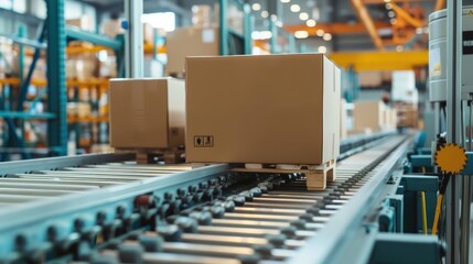 Obraz premium Automated Warehouse Conveyor System with Boxes