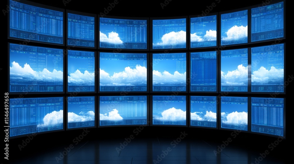 Poster curved screen display showing clouds and data streams