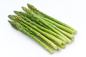 A bunch of fresh green asparagus neatly arranged on a white backdrop